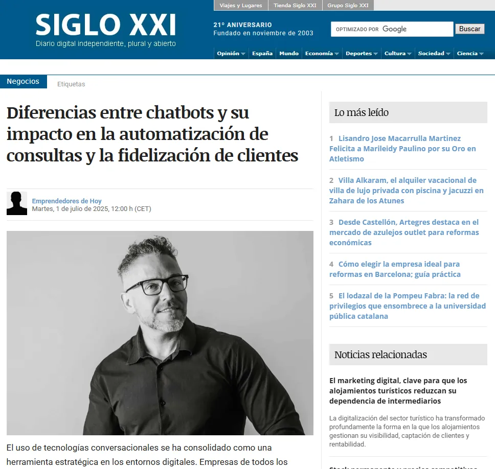 Noticia de Diario Siglo XXI sobre chatbots para fidelizar clientes en pymes