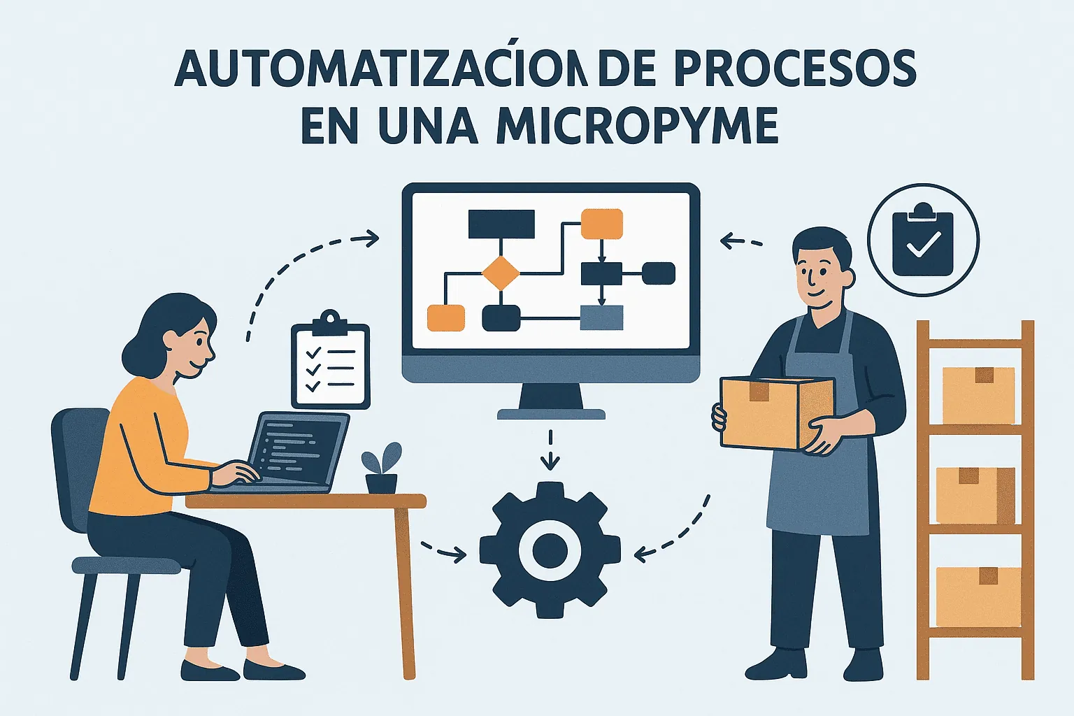 Ilustración de la automatización de procesos en una micropyme: una empleada con su portátil, un diagrama de flujo en pantalla y un trabajador con cajas