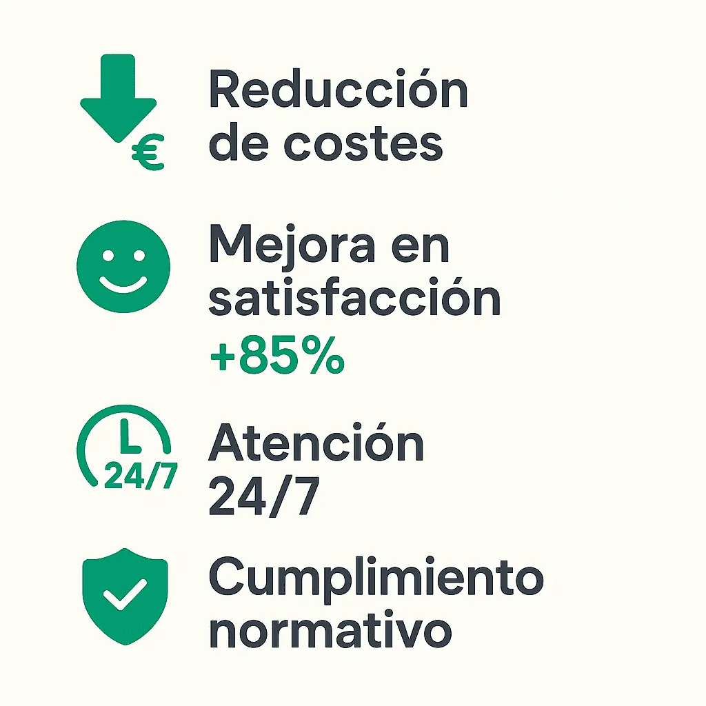 Iconos con cuatro ventajas de la IA en un centro médico: reducción de costes, satisfacción, atención 24/7 y cumplimiento normativo