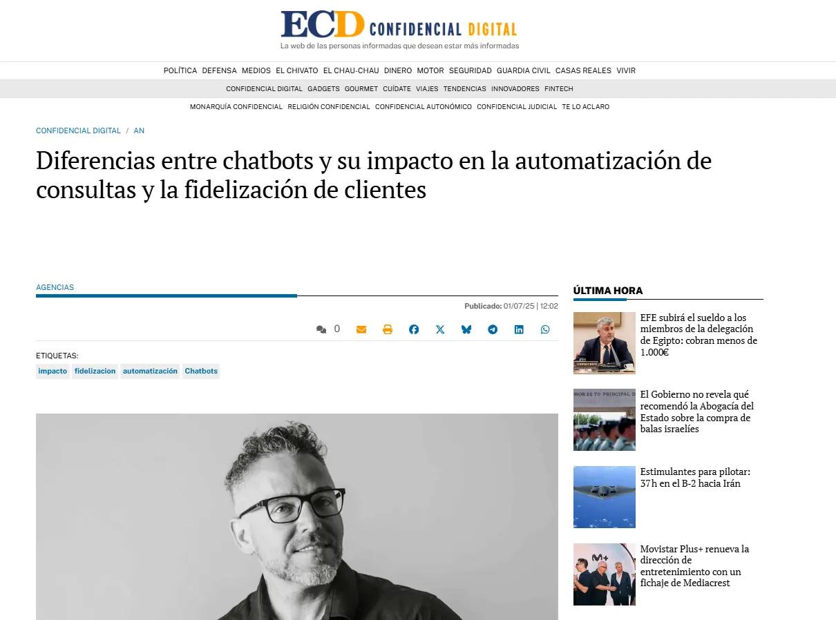 Noticia de El Confidencial Digital sobre atender a cualquier hora con un asistente con IA en una pyme