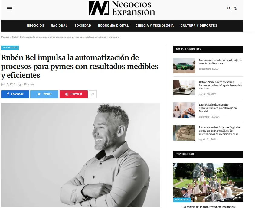 Noticia de Negocios Expansión sobre la automatización con IA para pymes de Rubén Bel