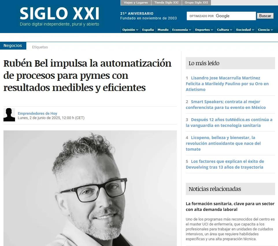 Noticia de Diario Siglo XXI sobre el método de Rubén Bel y los indicadores de automatización de procesos en pymes
