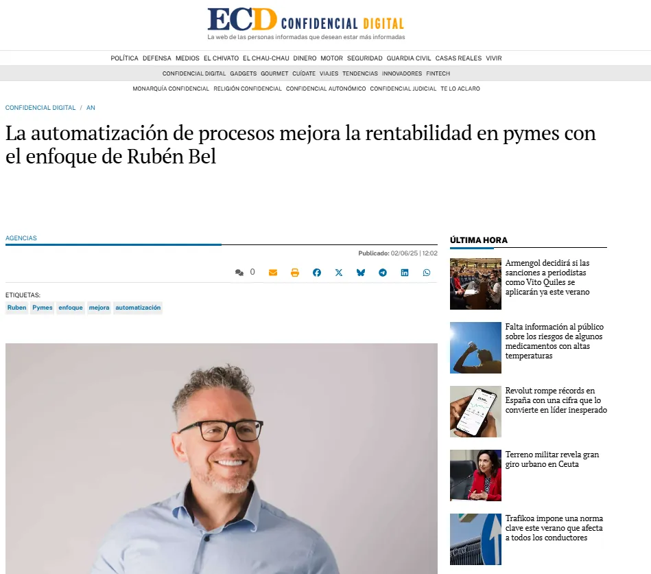 Noticia de El Confidencial Digital sobre el enfoque de Rubén Bel para que una pyme gane margen automatizando