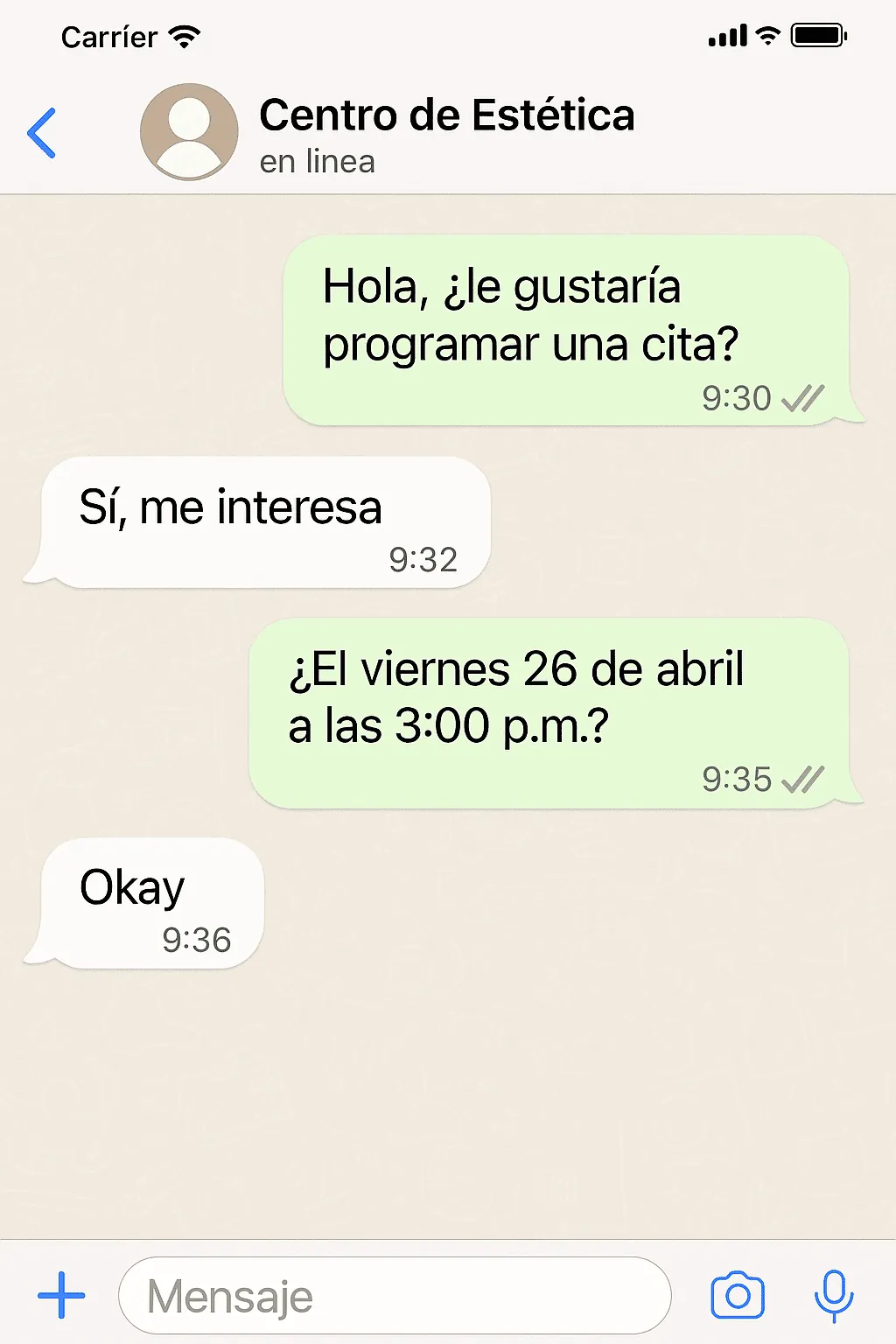 Chatbot de un centro de estética respondiendo a una cliente y reservando su cita
