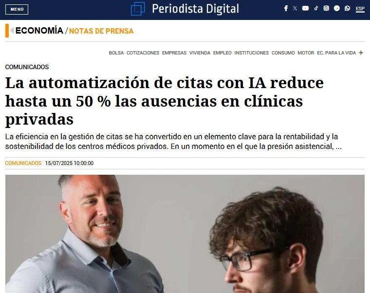 Periodista Digital: captura de «La automatización de citas con IA reduce hasta un 50 % las ausencias en clínicas privadas»