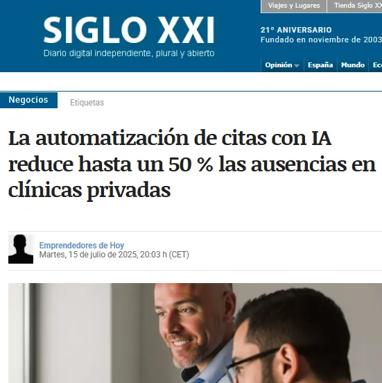 Diario Siglo XXI: captura de «La automatización de citas con IA reduce hasta un 50 % las ausencias en clínicas privadas»