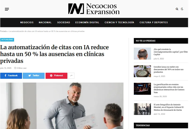 Negocios Expansión: captura de «La automatización de citas con IA reduce hasta un 50 % las ausencias en clínicas privadas»