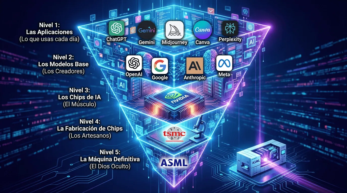 Pirámide invertida de la inteligencia artificial: aplicaciones, modelos, chips, fabricación de chips y, en la base, las máquinas EUV de ASML