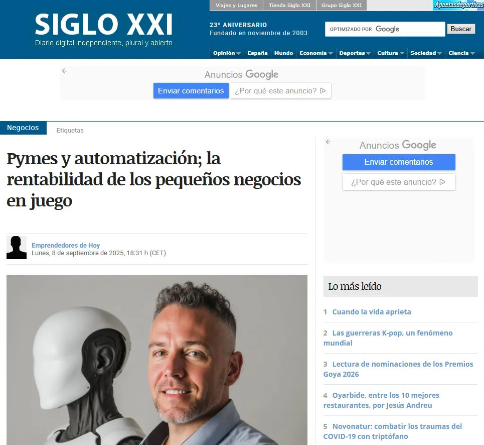 Diario Siglo XXI: captura de «Pymes y automatización; la rentabilidad de los pequeños negocios en juego»