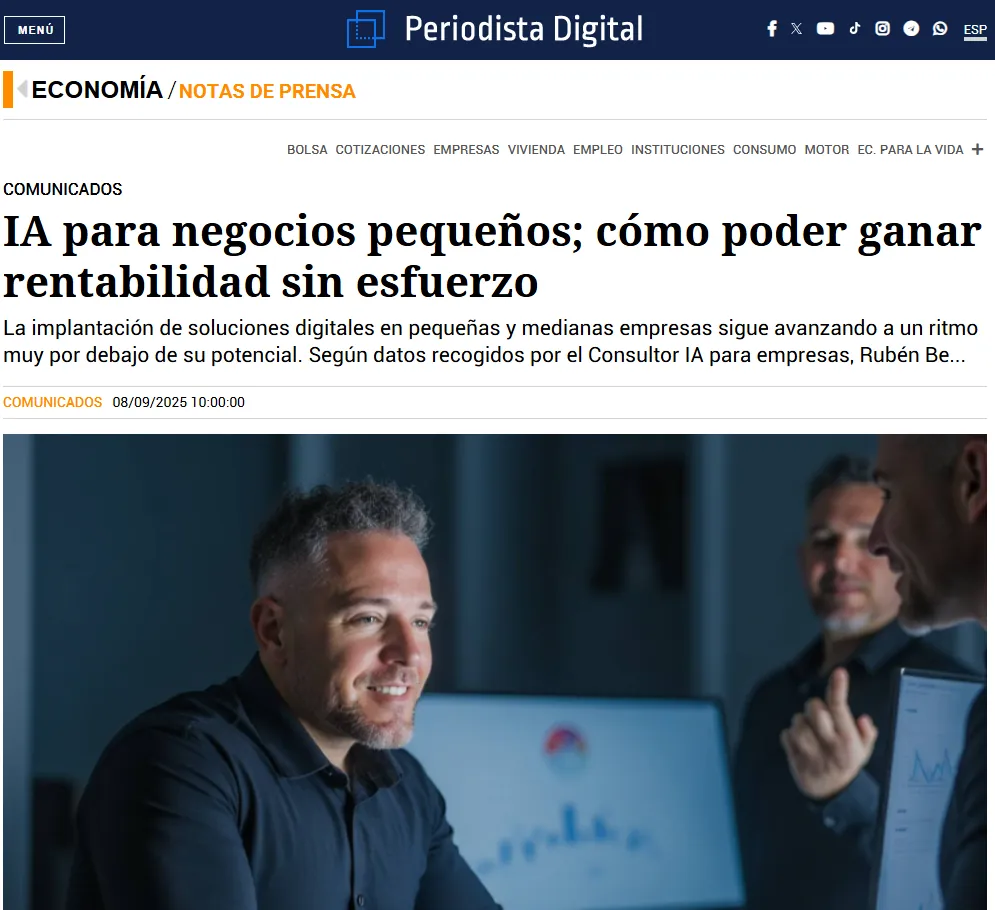 Periodista Digital: captura de «IA para negocios pequeños; cómo poder ganar rentabilidad sin esfuerzo»