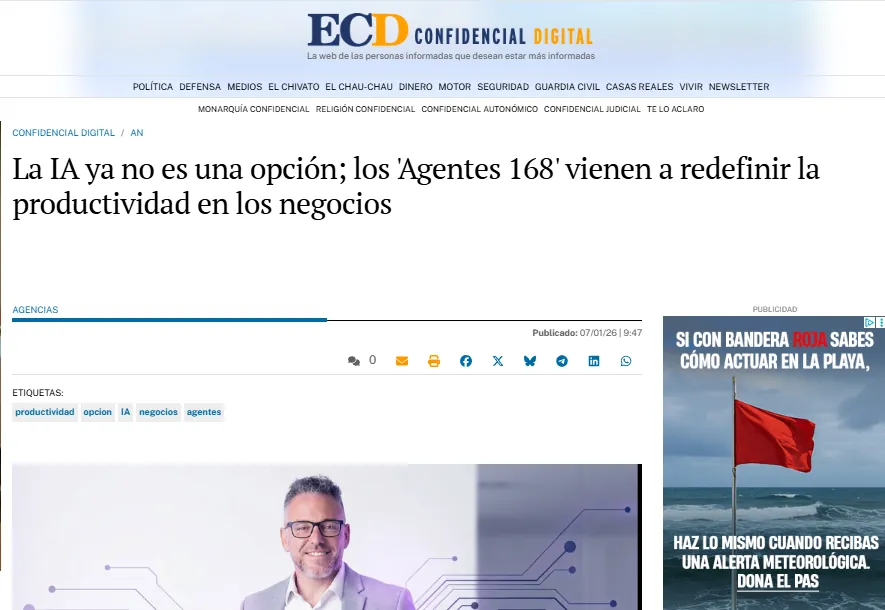 El Confidencial Digital: captura del artículo «La IA ya no es una opción» sobre los Agentes 168