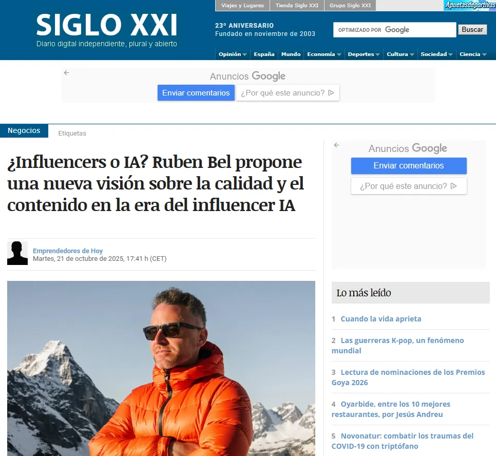 Diario Siglo XXI: captura del artículo «¿Influencers o IA?» con la propuesta de Rubén Bel