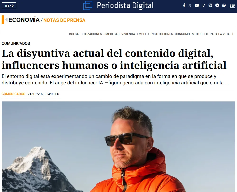 Periodista Digital: captura de «La disyuntiva actual del contenido digital, influencers humanos o inteligencia artificial»