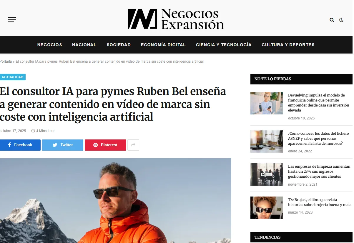 Negocios Expansión: captura del artículo en el que Rubén Bel enseña a crear vídeo de marca con IA