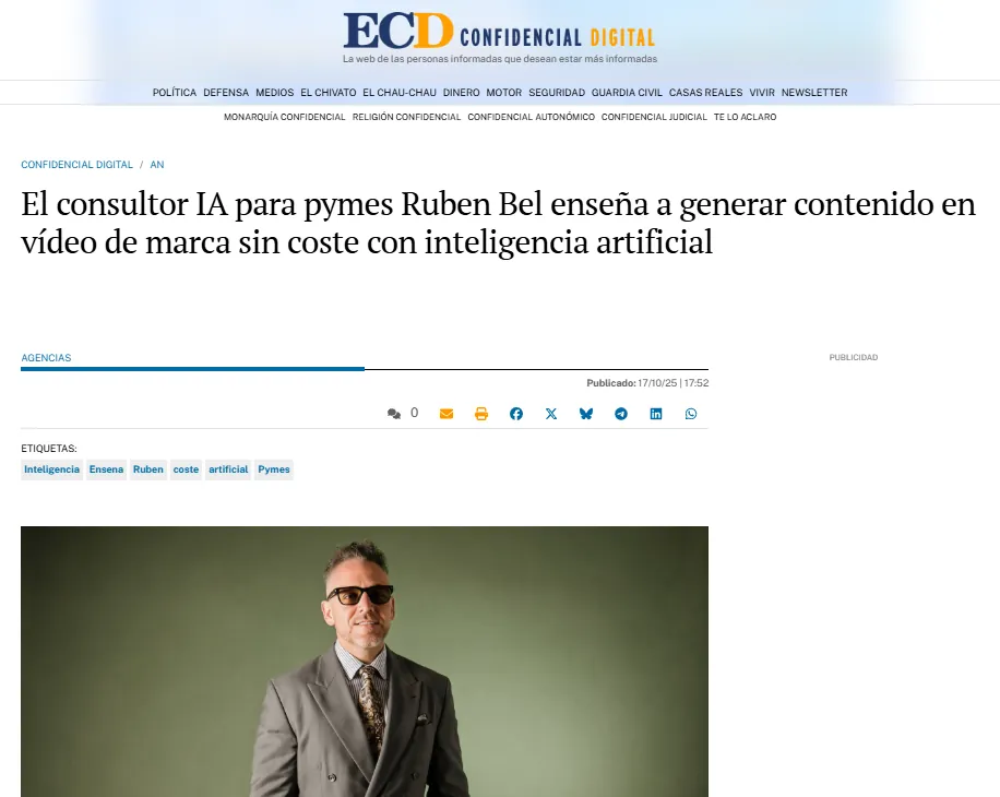 El Confidencial Digital: captura del artículo sobre Rubén Bel y el vídeo de marca con IA para pymes