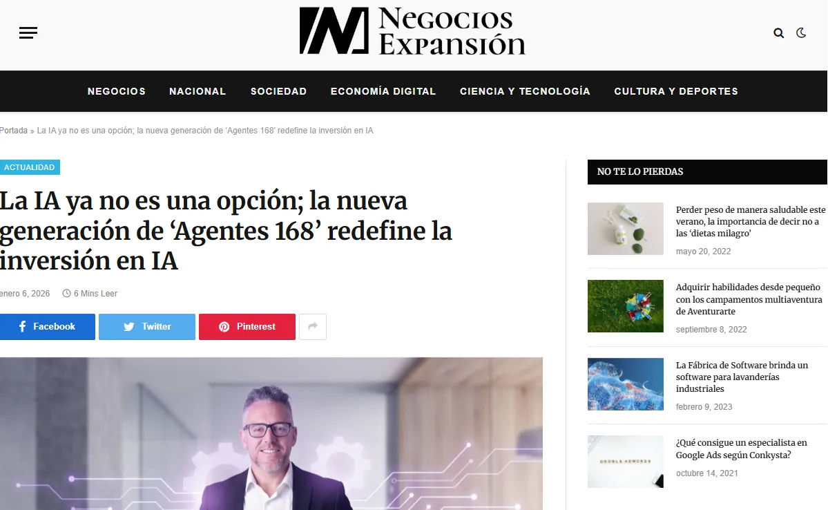 Negocios Expansión: captura del artículo sobre la nueva generación de Agentes 168 y la inversión en IA