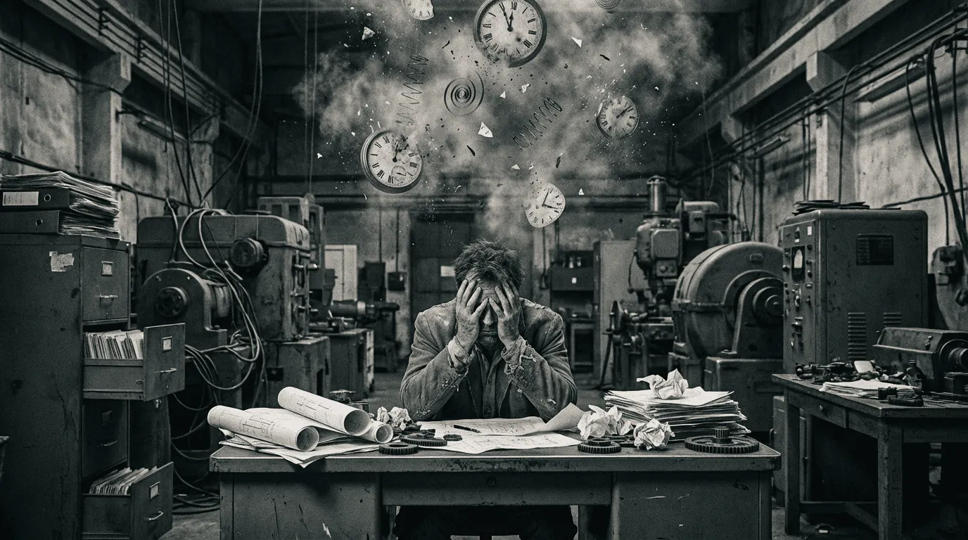 Técnico de mantenimiento frente a una máquina parada buscando el procedimiento entre decenas de manuales técnicos