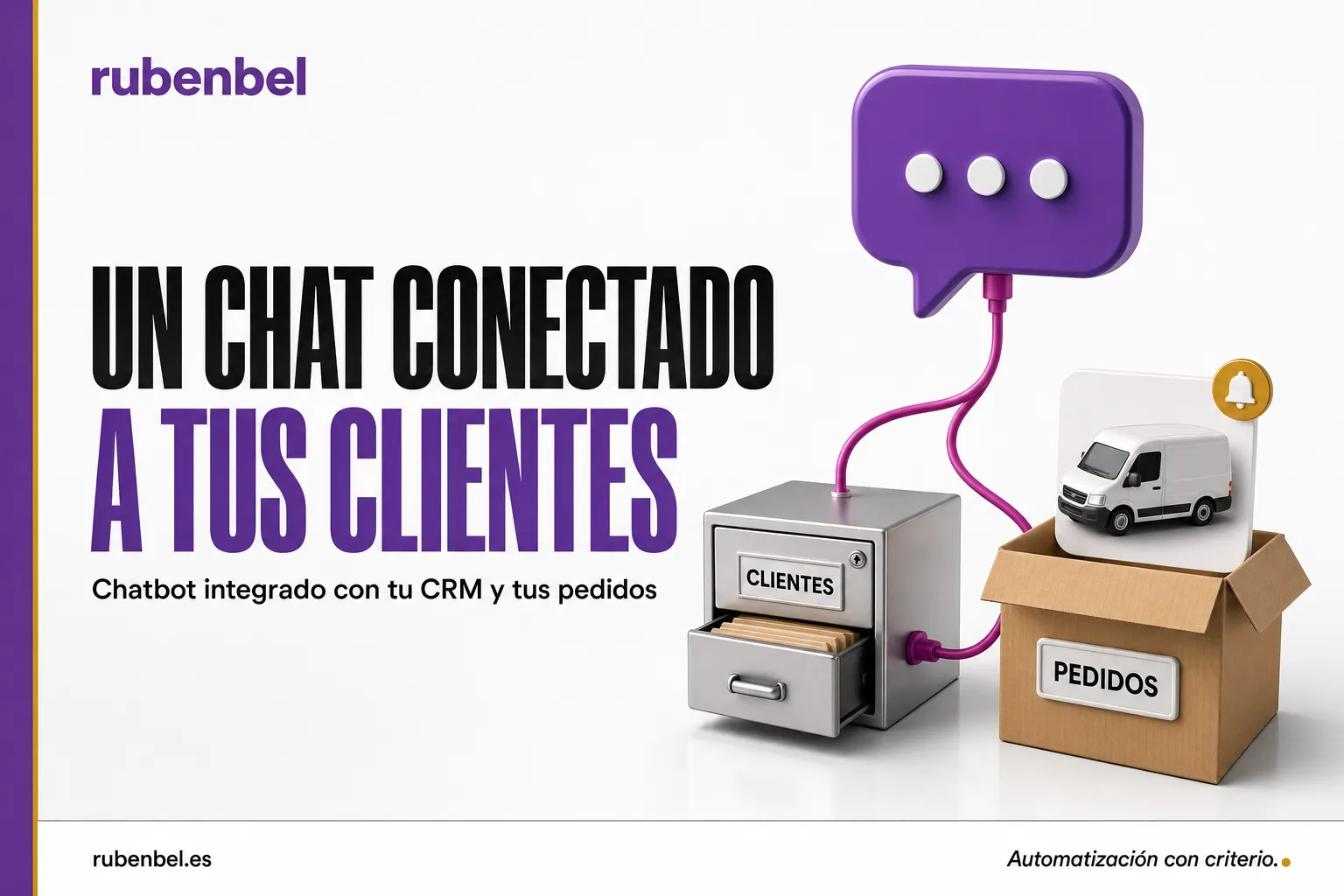 Burbuja de chat conectada por cable a un archivador de clientes y una caja de pedidos: chatbot integrado con CRM