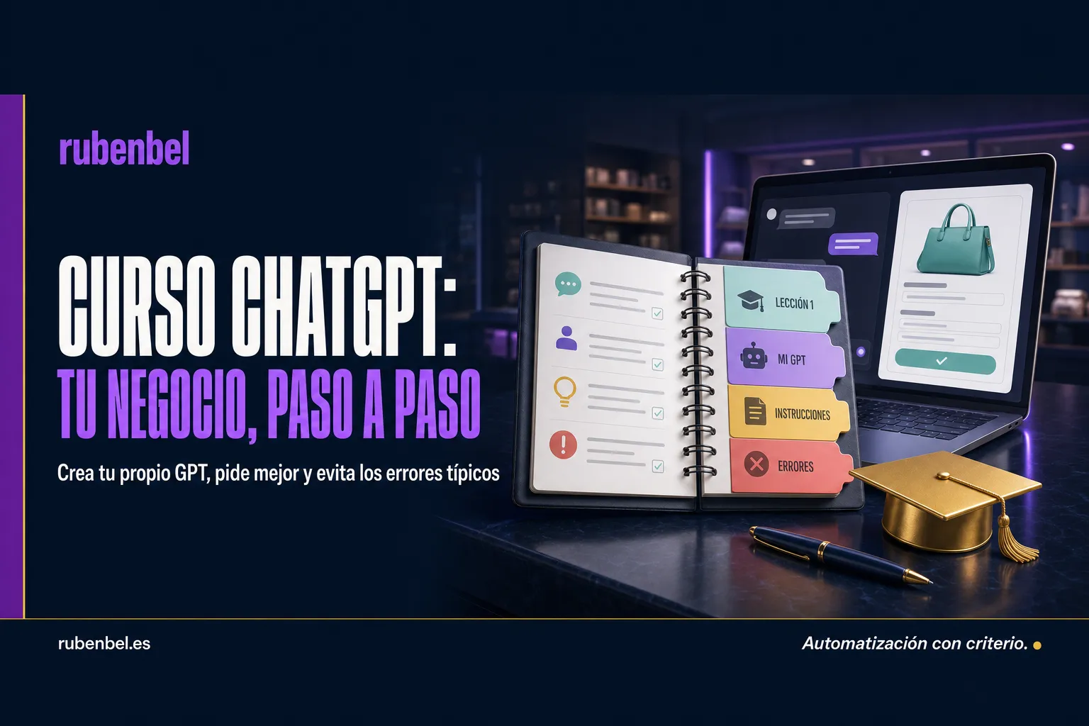 Curso ChatGPT: cuaderno de curso con lecciones sobre el mostrador de un negocio y un portátil con una ventana de chat