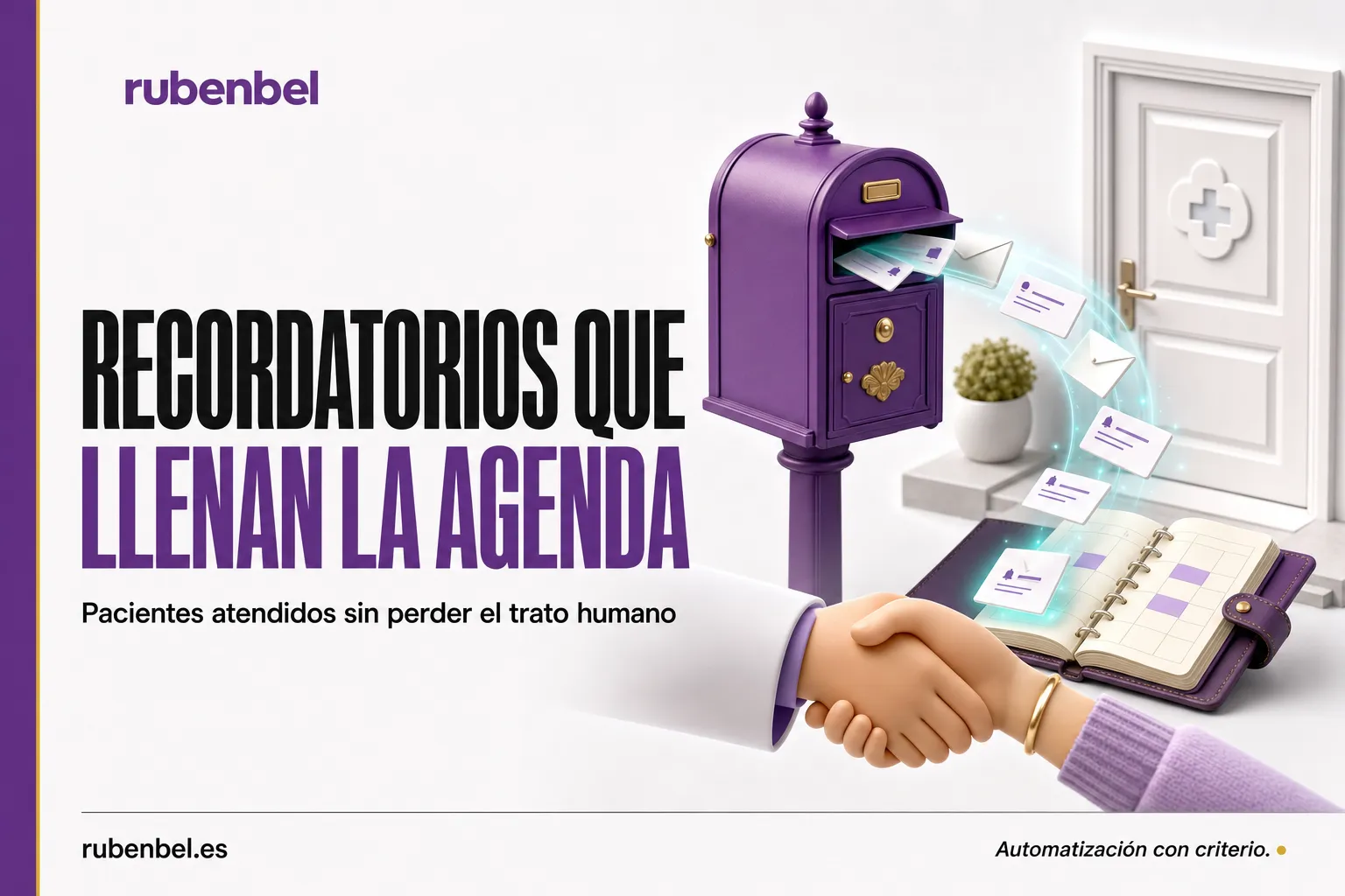 Buzón de una clínica del que salen recordatorios hacia la agenda y dos manos que se saludan: Rubén Bel en El Boletín
