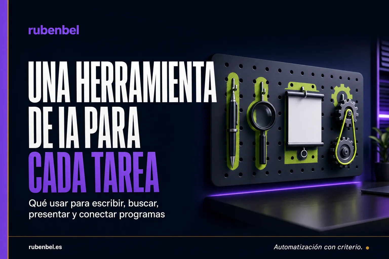 Panel de taller con una pluma, una lupa, una pantalla y engranajes colgados como herramientas de oficina