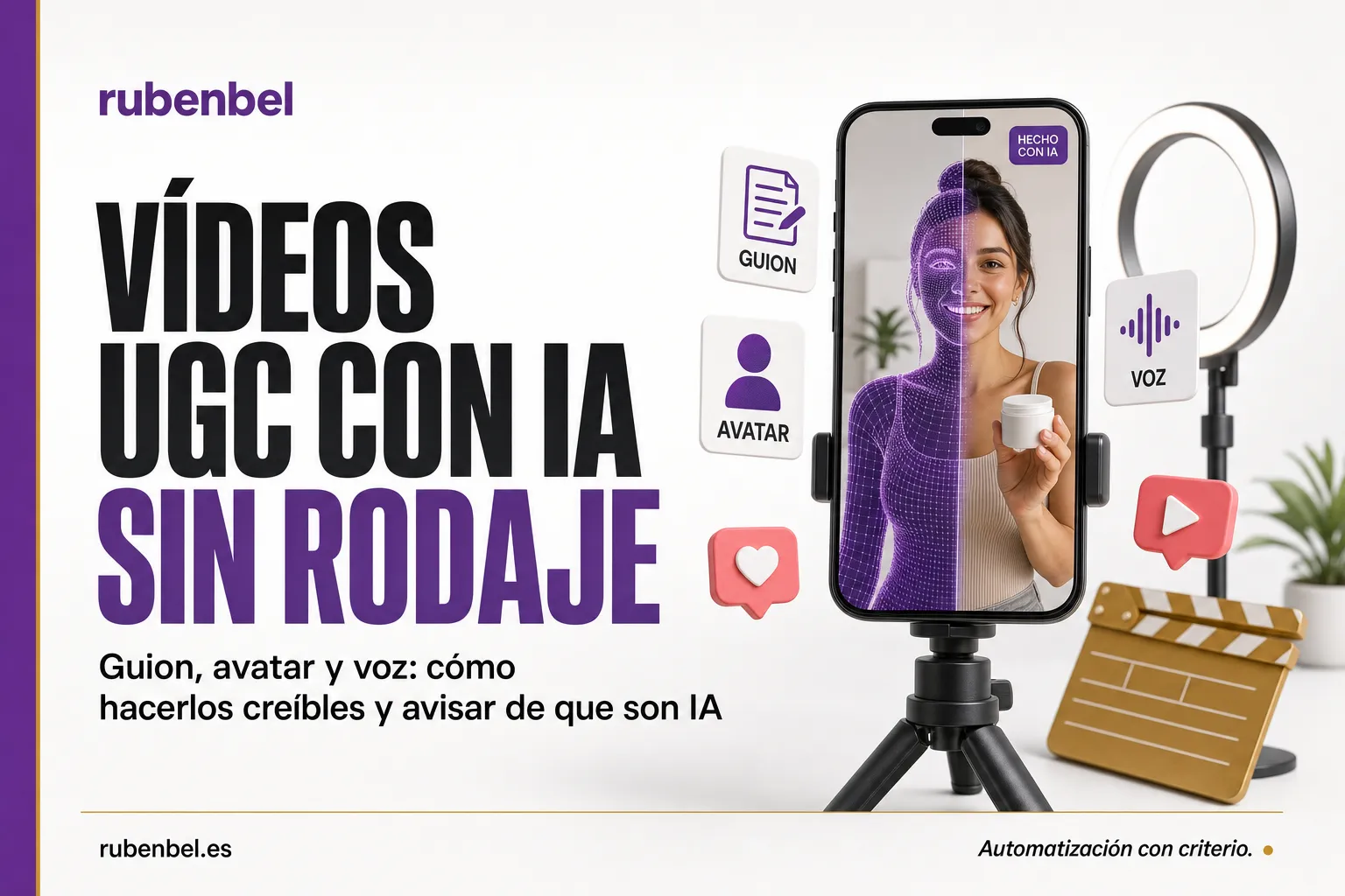 Cómo hacer vídeos UGC con IA: móvil en un trípode con una persona generada con IA y la etiqueta «hecho con IA»