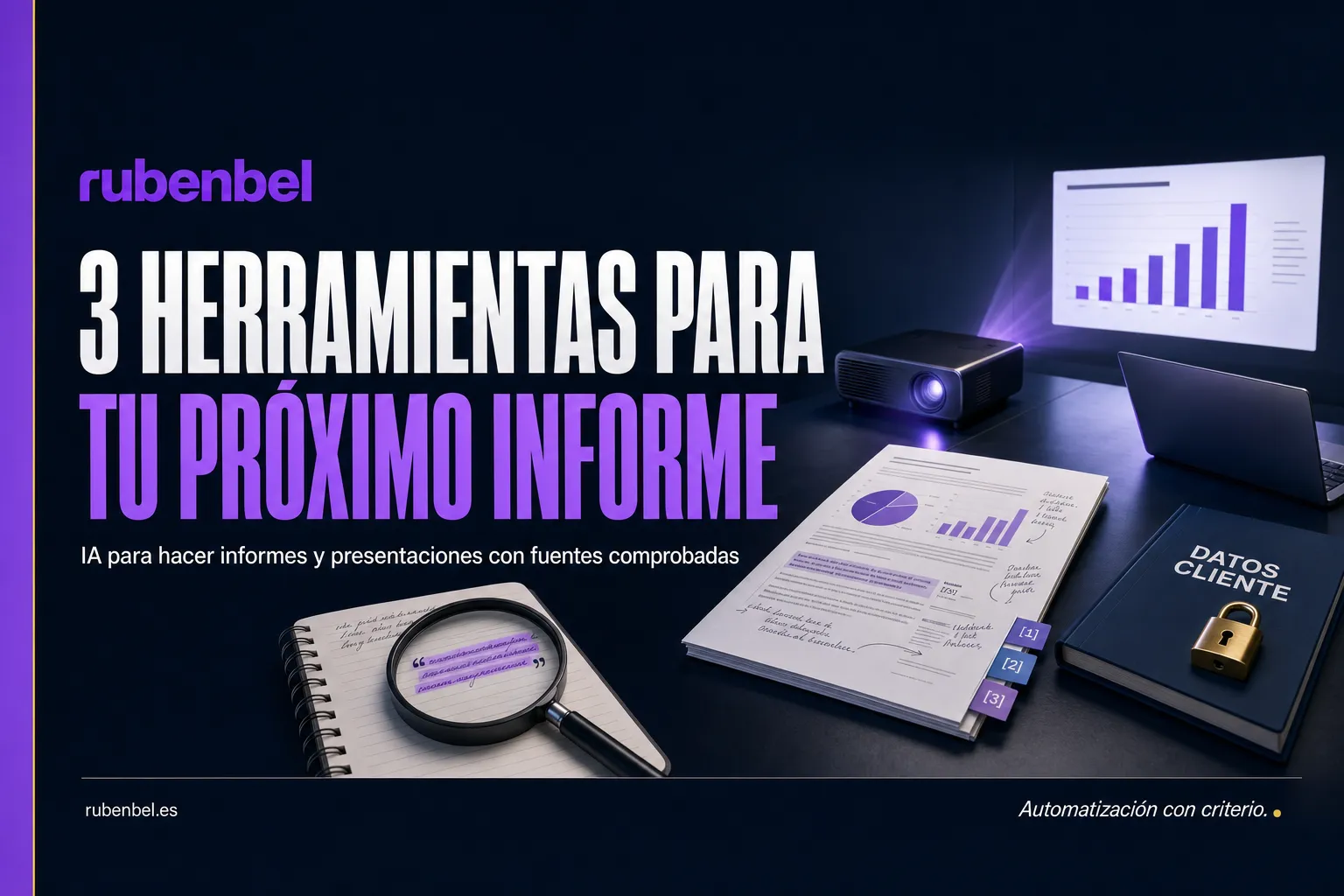 IA para hacer informes y presentaciones: informe con fuentes numeradas y diapositiva proyectada en una sala de reuniones