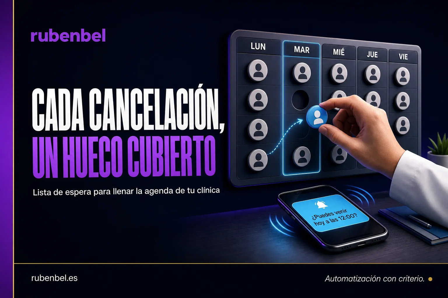 Mano moviendo la ficha de un paciente de la lista de espera a un hueco libre de la agenda