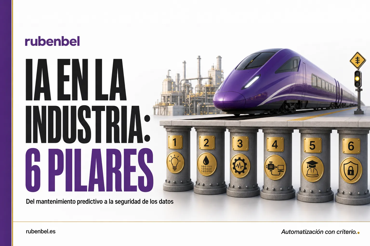 IA en la industria: tren que entra en un andén sostenido por seis columnas, una por pilar