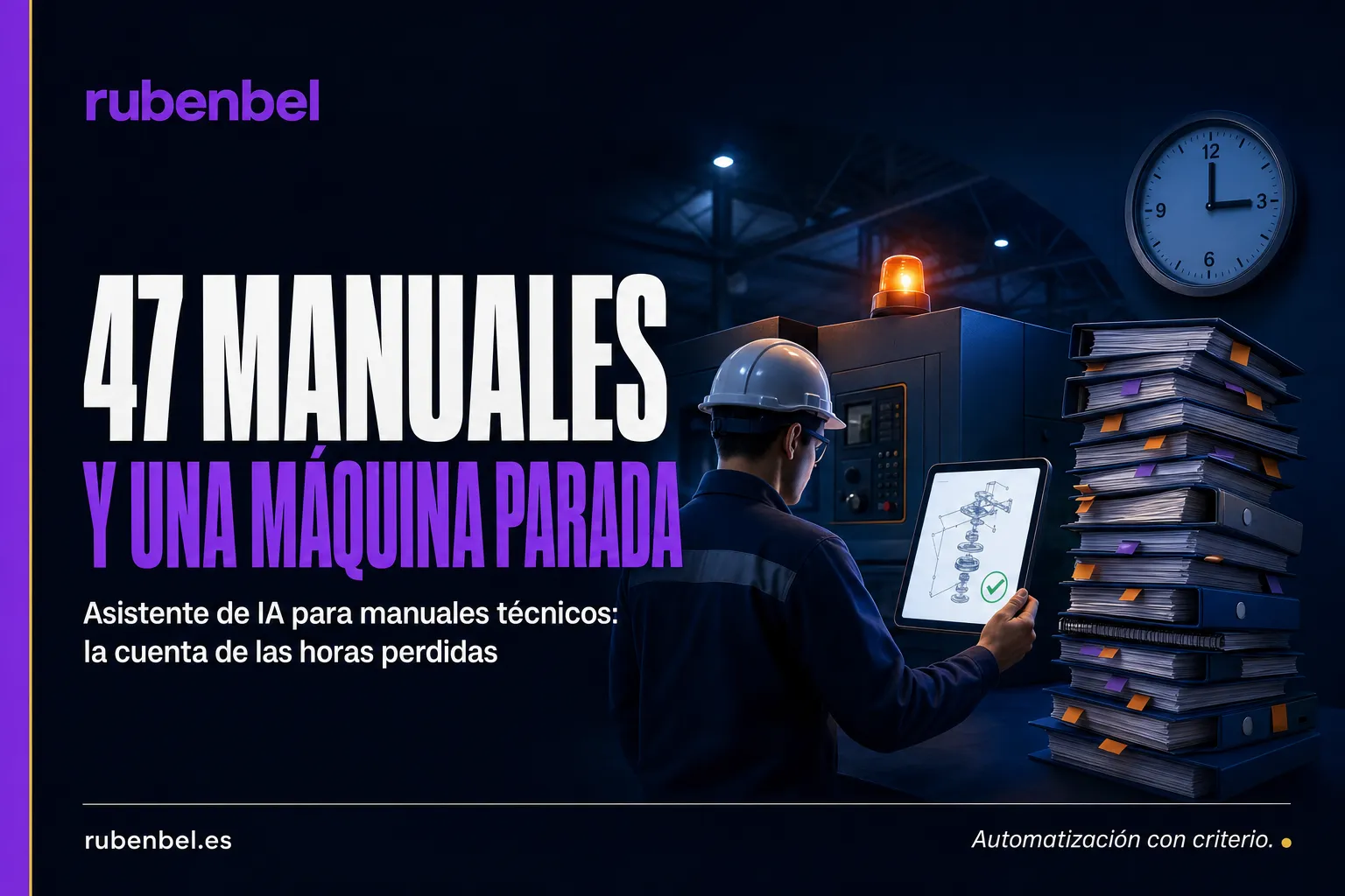 Asistente de IA para manuales técnicos: técnico junto a una máquina parada, con una torre de manuales y una tablet que muestra la página correcta